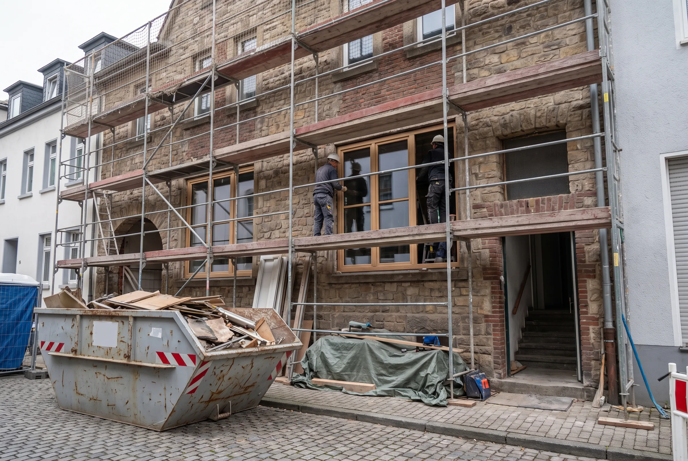 Wohnhaus im Gerüst während der Sanierung